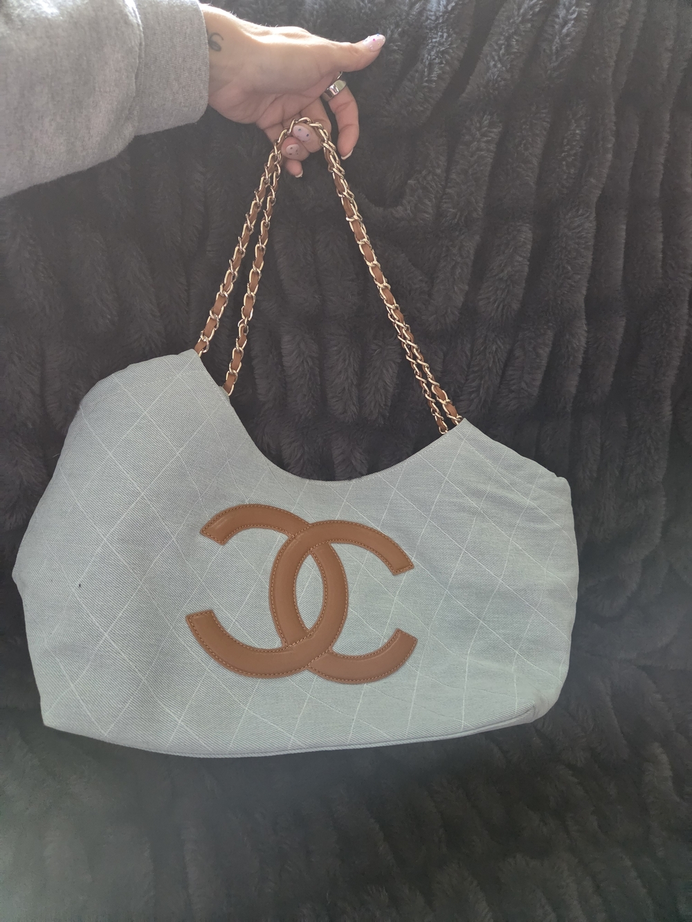 Light Blue Denim Tote With Brown Leather Detail